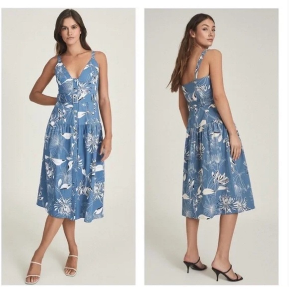 REISS NOAH BELTED FLORAL BLUE DRESS SIZE 4 - Picture 4 of 5
